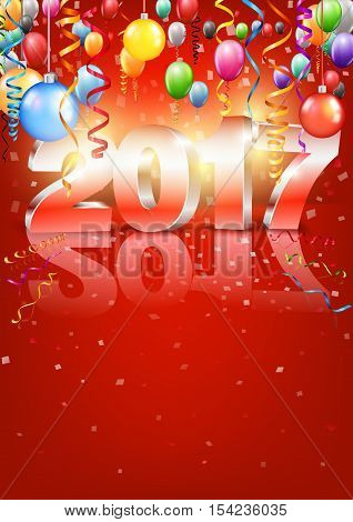 Happy New Year 2017 bright red colored vertical A-format greeting card with 3D glossy numbers and balloons. Vector template