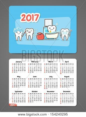 Dental pocket calendar 2017. Funny cartoon teeth and oral hygiene concept. Toothcare. Horizontal orientation. Vector Illustration