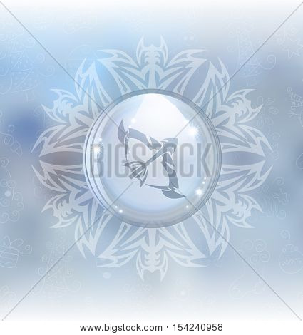 A vector illustration of a transparent snow globe in a snowflake frame on the blurred background with a zodiac sign Sagittarius. Includes transparent objects and opacity masks.