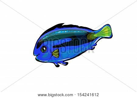 Vector neon blue fish in the sea. Glowing cartoon funny fish isolated on white