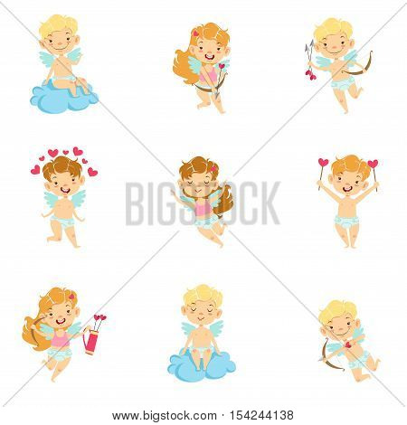 Baby Cupids With Bows, Arrows And Hearts Set. Cute Cartoon Infants In Diapers With Wings And Love Symbols Illustrations On White Background.