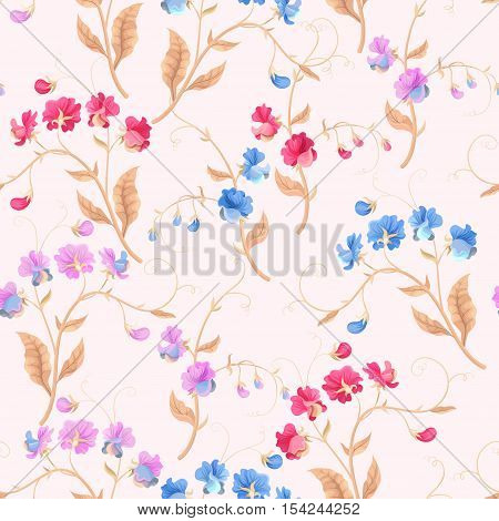 Pink sweet pea flowers vector seamless background