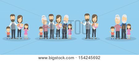 Isolated family set. Parents with grandparents and children. Happy relatioship. Healthy lifestyle.