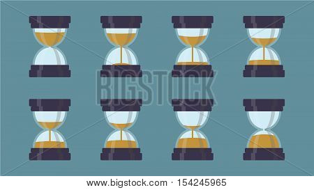 Old hourglass set showing different time. Instrument for measurement time, seconds, hours and minutes.