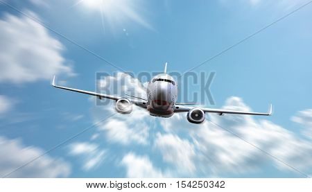 Front view of Airplane flying above clouds 3D illustration