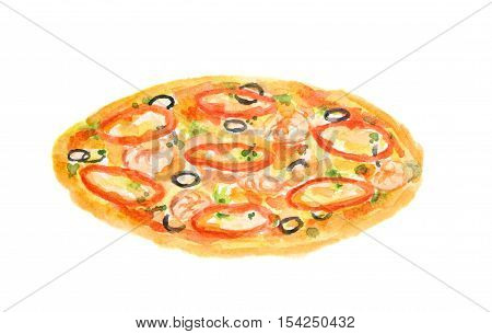 Isolated watercolor pizza on white background. Tasty italian snack or street food. Italian cuisine.