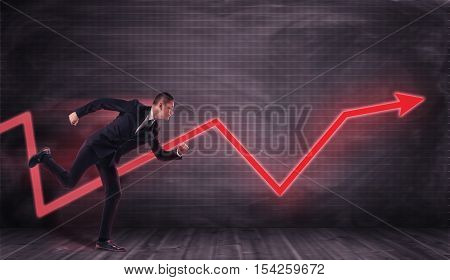Businessman running in the direction of the red arrow trying to overtake her. Financial and business concept. Rapid growth. Keep pace with progress. Personal development and professional development.