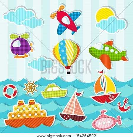 set of sea and air transport icons and stickers