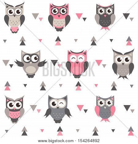 Background with cute owls, owlets and triangles
