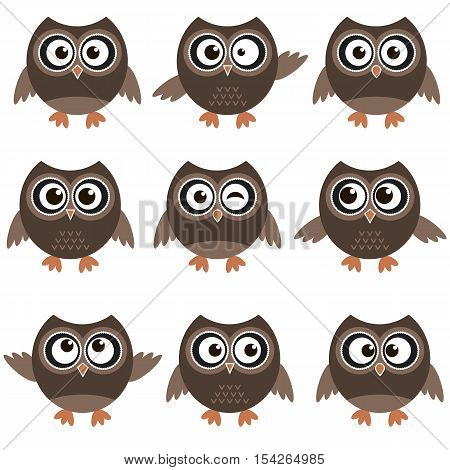 Cute brown owls with various emotions isolated on white