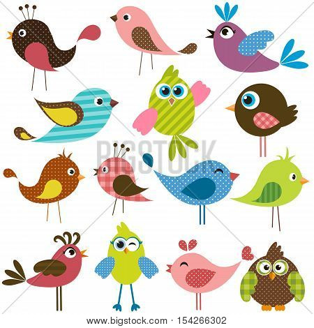 set of cute colorful birds isolated on white
