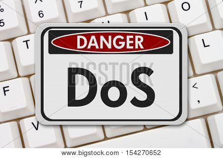 Denial of service danger sign A white danger hanging sign with text DoS on a keyboard 3D Illustration