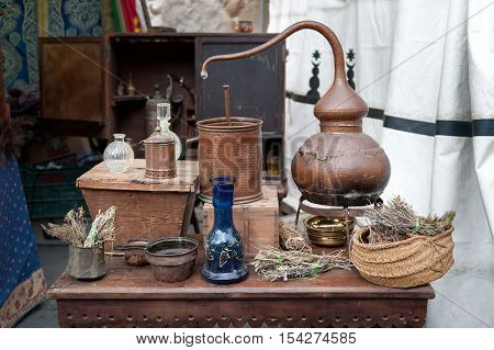 bodegon retro style with old pots set in Epoca