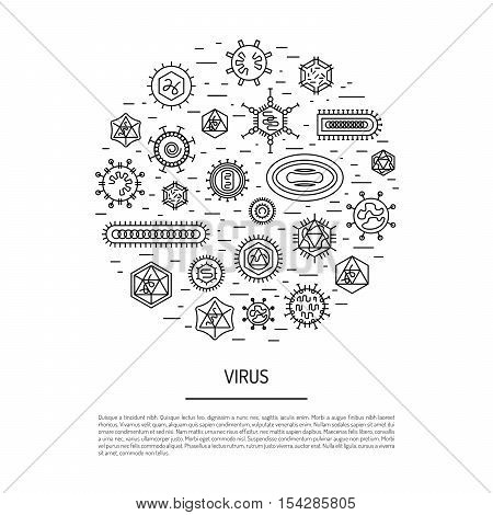 Vector illustration of cells of microorganisms, viruses, DNA and RNA. Cells of different pathogens and viruses drawn in a linear style, are icons of the cells.
