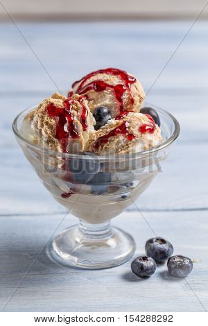 Bowl With Ice Cream And Fresh Blueberry