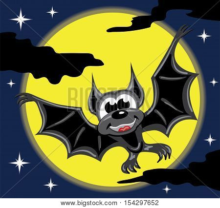 Black bat in front of yellow moon and night sky with black clouds and stars