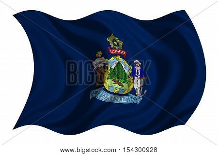 Flag of the US state of Maine. American patriotic element. USA banner. United States of America symbol. Mainer official flag with real detailed fabric texture wavy isolated on white illustration