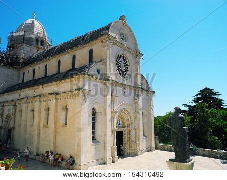 Shibenik Croatia - July 5 2016: Tourists near сathedral of St. James in Shibennike Croatia.