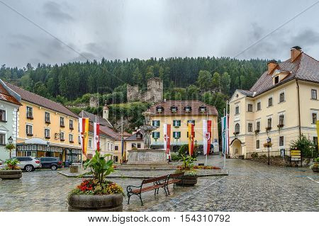 View of Main square and castle ruins Friesach Austria
