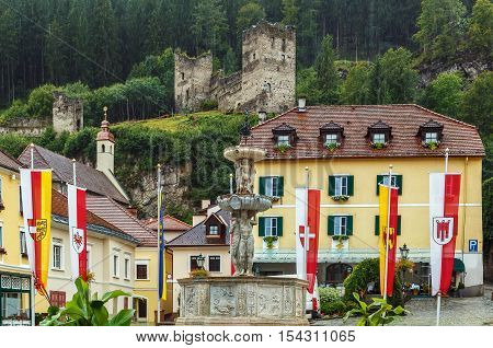 View of Main square and castle ruins Friesach Austria