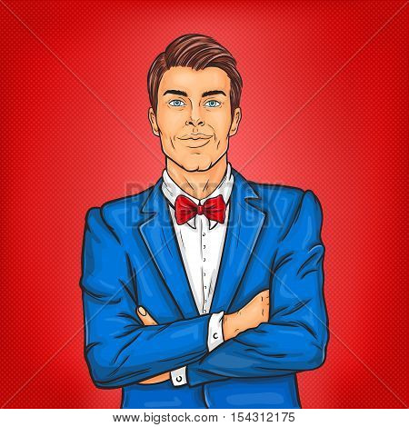 Vector illustration of a confident pop art man in a suit and bow tie