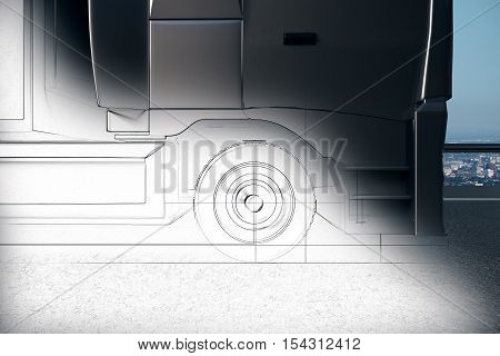 Closeu of unfinished big truck drawing. 3D Rendering