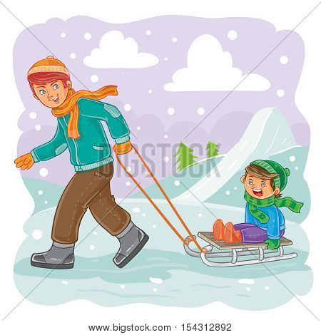 Vector winter illustration father rolls his son on a sledge