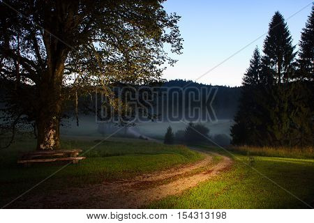 Sunrise with fog in the slovenian countryside