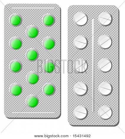 Vektor verze. Prášky a léky izolovaných na bílém pojetí medicíny. K dispozici je také verze JPEG