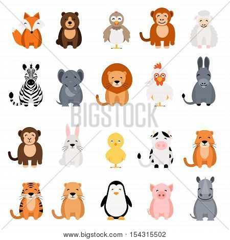 Cute vector animal set on white background. Fox, bear, elephant, bear, hen, chicken, chick, rooster, lion, monkey, tiger, pig, donkey, rabbit, rhino, cow, zebra, sheep, penguin