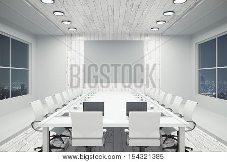 White conference interior with blank wooden wall equipment and night city view. Mock up 3D Rendering