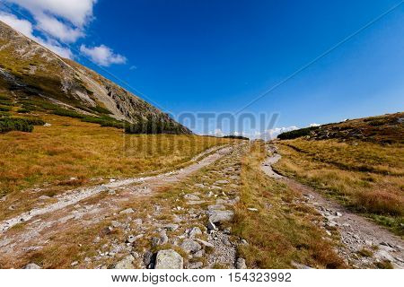 Beautiful Furkotska dolina on the way to Bystre sedlo - in slovakian high Tatra mountains. Summer panorama with great weather and blue sky