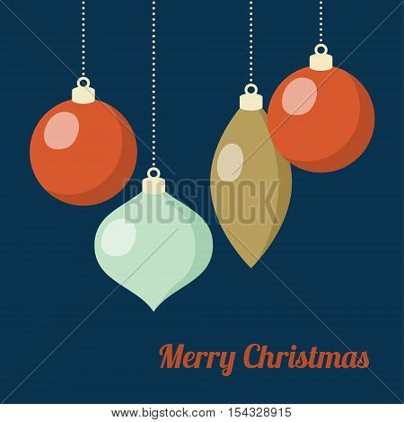 Retro Christmas greeting card invitation. Hanging Christmas balls baubles ornaments. Flat design. Vector illustration background.
