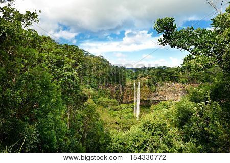 Scenic Chamarel Falls In Jungle Of Mauritius