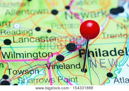 Vineland pinned on a map of New Jersey, USA