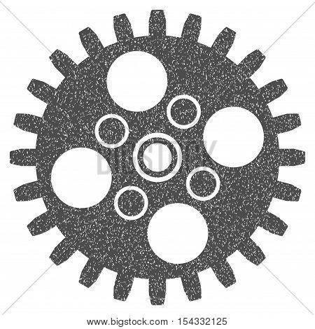 Cogwheel grainy textured icon for overlay watermark stamps. Flat symbol with unclean texture. Dotted vector gray ink rubber seal stamp with grunge design on a white background.