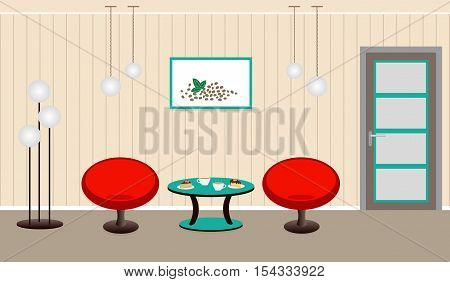 Living room interior with breakfast coffe and dessert on the table. Flat style vector illustration