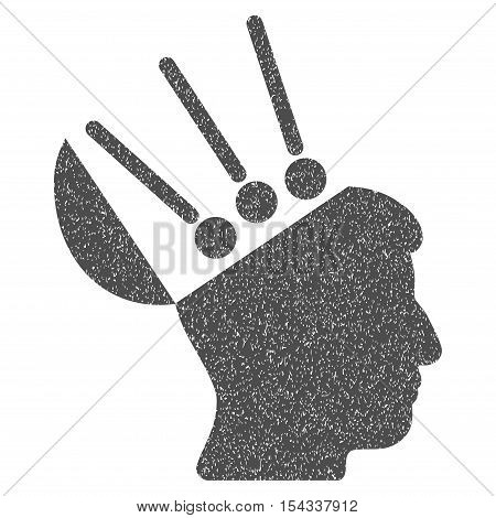 Open Mind Interface grainy textured icon for overlay watermark stamps. Flat symbol with dirty texture. Dotted vector gray ink rubber seal stamp with grunge design on a white background.