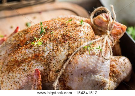 Closeup of raw chicken with herbs in casserole
