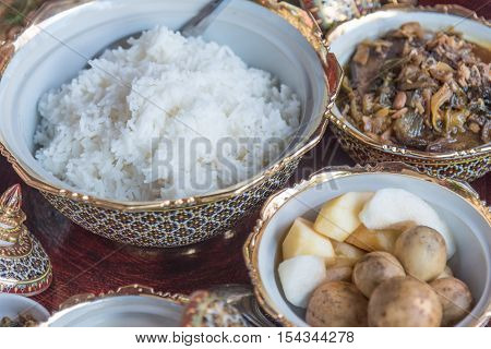 Thai food with rice and fruit and vegetable