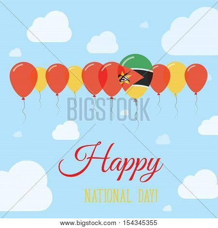 Mozambique National Day Flat Patriotic Poster. Row Of Balloons In Colors Of The Mozambican Flag. Hap