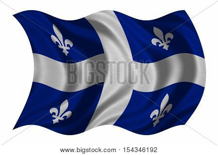 Canadian provincial flag QC patriotic element and official symbol. Canada Quebec banner and background. Flag of the Canadian province of Quebec wavy isolated on white fabric texture 3D illustration