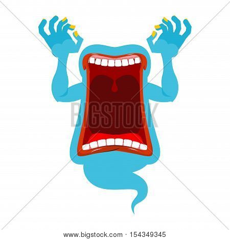 Hungry Ghost. Scary Spook. Horrible Ghost Frightening Screams. Phasing Blue Monster With An Open Mou