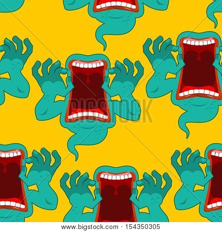 Ghost Seamless Pattern. Terrible Howling Wraith Background. Monster Scares Ornament. Spook With Open
