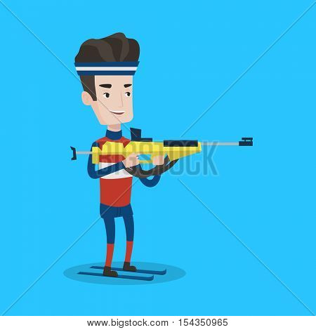 Young caucasian sportsman taking part in ski biathlon competition. Cheerful biathlon runner aiming at the target. Male biathlon shooter with a weapon. Vector flat design illustration. Square layout.