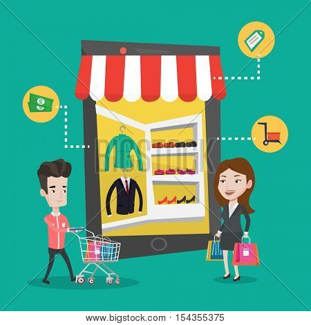 Young caucasian man and woman doing online shopping. Man and woman using mobile shopping. People walking in store that looks like tablet computer. Vector flat design illustration. Square layout.