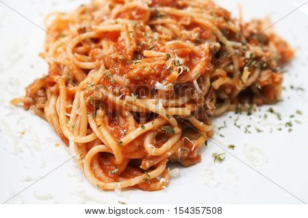 Close-up of spagetti on white dish - copy space