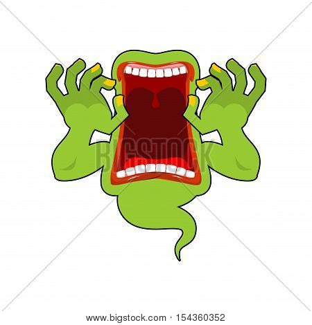 Spook Wild Howl. Scary Ghost Shouts. Horrible Wraith Frightening Screams. Green Monster With His Mou