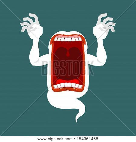 Horrible Wraith Frightening Screams. Scary Ghost Shouts. Phasing White Monster With An Open Mouth. W