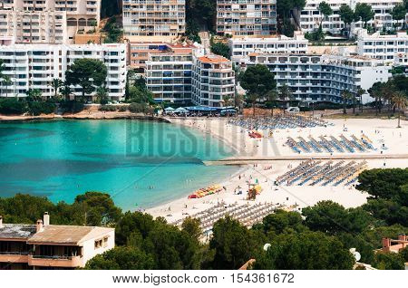 Beautiful view of Santa Ponsa beach with white sand and azure water Mallorca